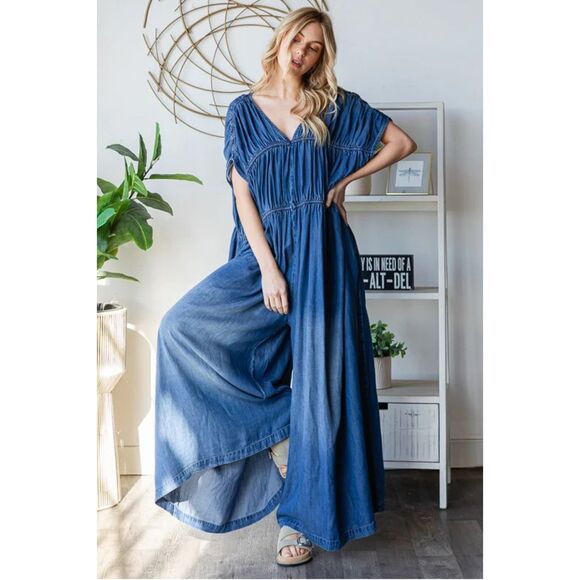 Oli & Hali Washed Accordion Pleat V-Neck Oversized Romper Size S - Picture 1 of 7